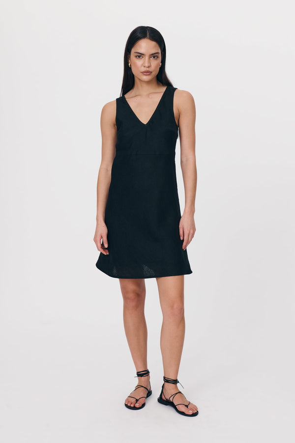 Regina Linen Mini Dress Noir