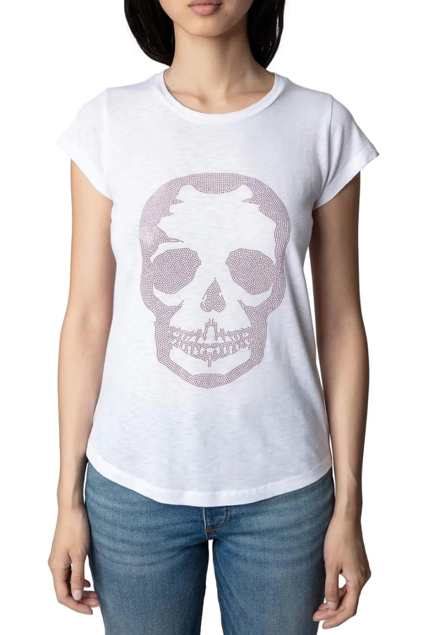 Skinny Skull Strass Tee White Pink