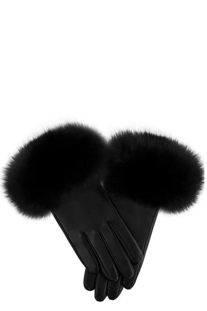 Leather Gloves With Fox Trim Black