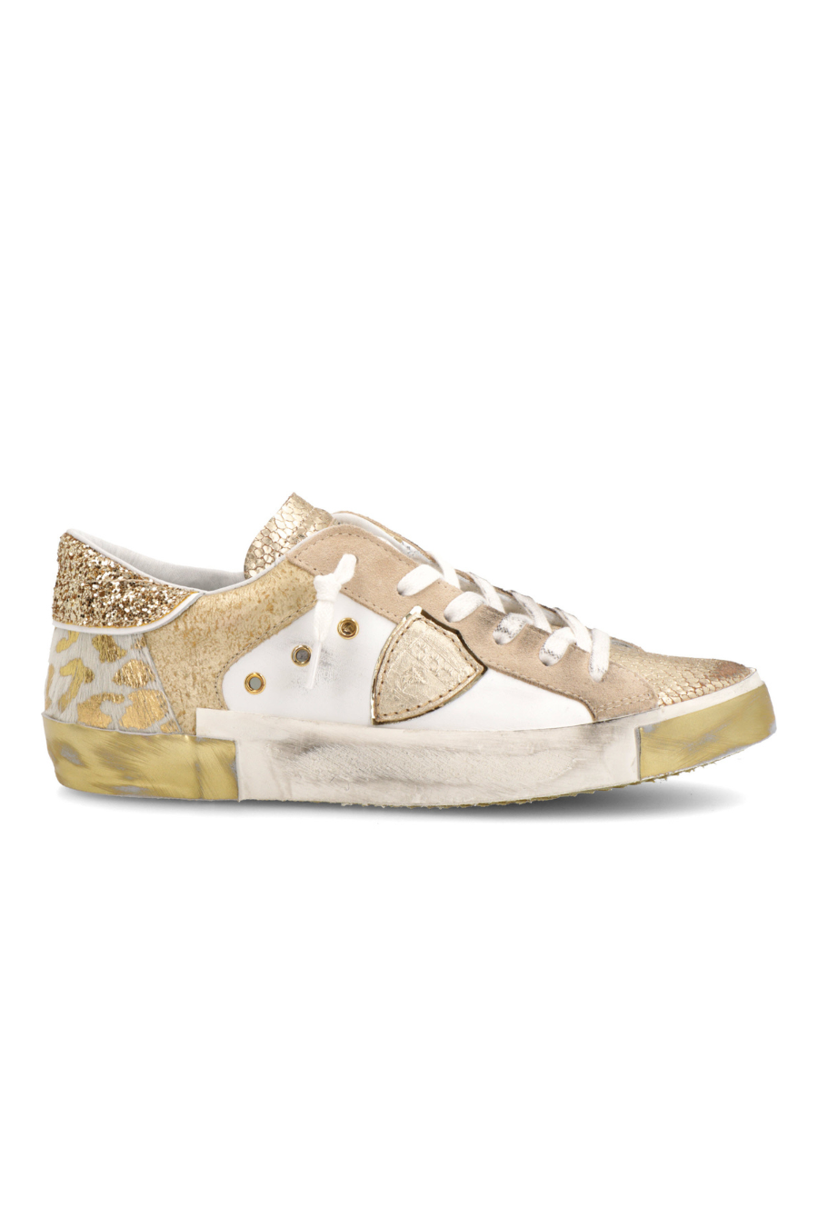 Baskets Philippe Model Prsx - Cuir Blanc Et Bronze, Talon Logo, Style Rétro Chic - 7