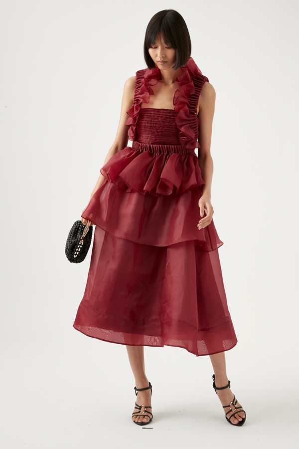 Asra Pleated Frill Midi Dress Red